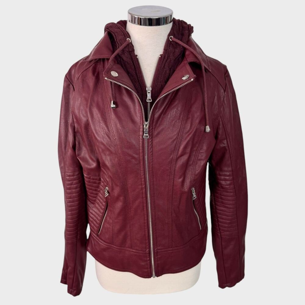 GUESS Womens Large Faux Leather Hooded Moto Jacket Burgundy Red Hoodie